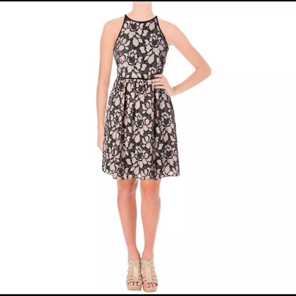 NWT $108 Aqua Black Pink Lace Floral Halter Dress XS Fit & Flare